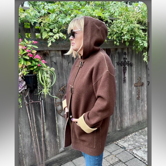 VINTAGE Lauren Ralph Lauren brown wool hooded coat horn toggle closures size MP - Picture 2 of 16